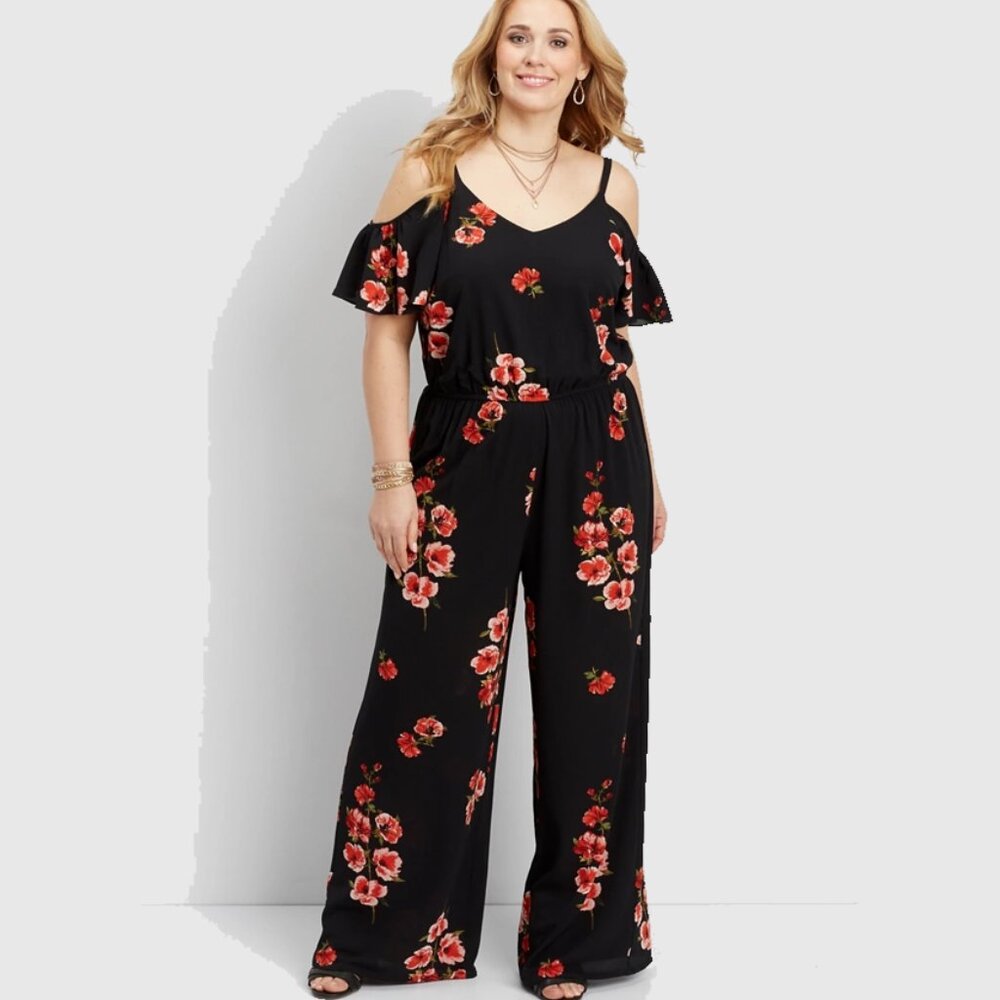 Maurices Black Floral Off-Shoulder Jumpsuit 2X